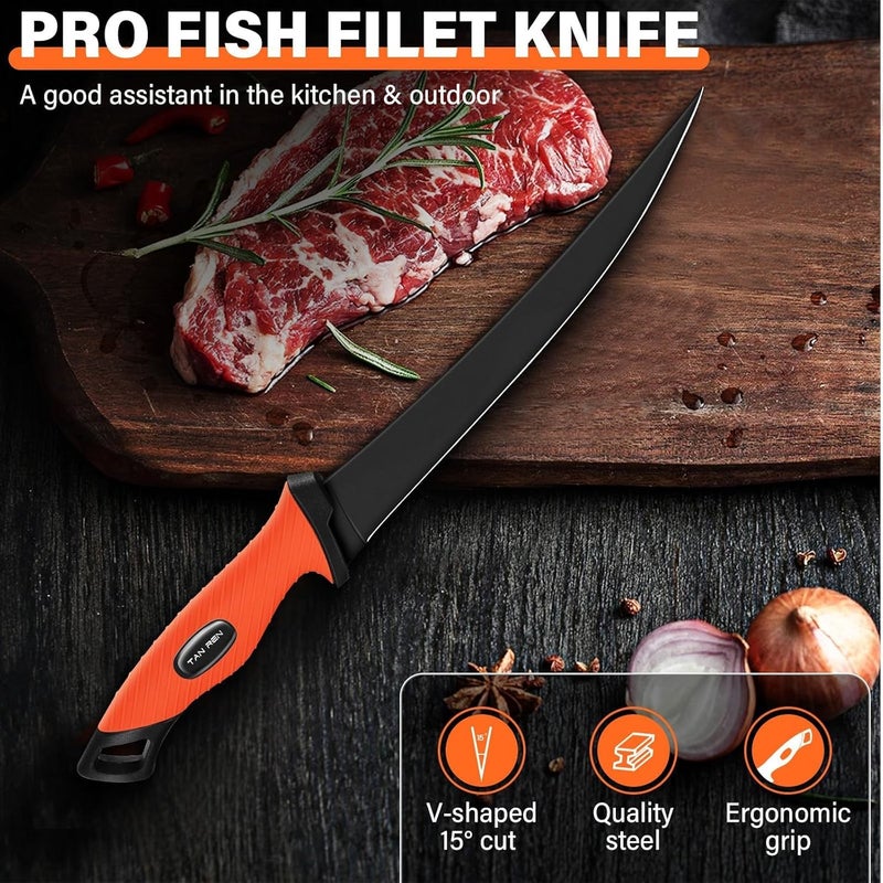 TAN REN Fish Filet Knife Set – 5 PCS Stainless Steel Bait & Fillet Knives with Sharpener and Storage Bag, Fishing Knives Kit with Non-Slip Handle for Filleting, Boning, Fishing Gift for Men - Image 5